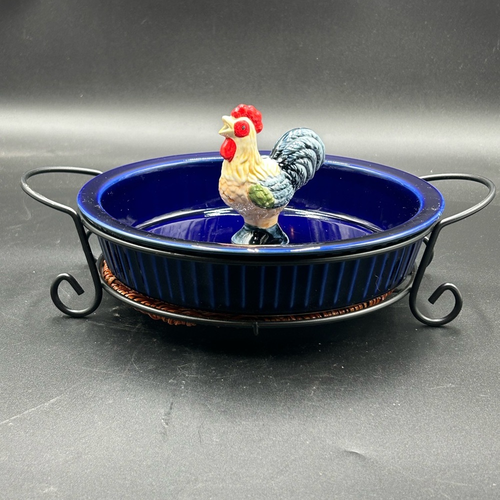 Temptations blue Ceramic Dish with rooster vent and Metal Stand, farmhouse